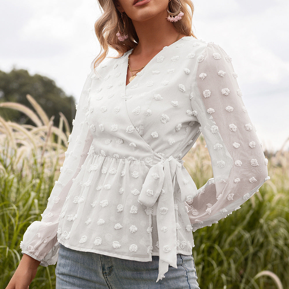 Jacquard Lace Women's V-neck Blouse Jacquard Lace Women's V-neck Blouse